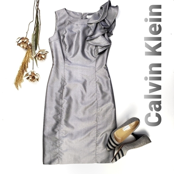 Calvin Klein Silver Grey Ruffle Shoulder Dress 2 - Picture 1 of 14